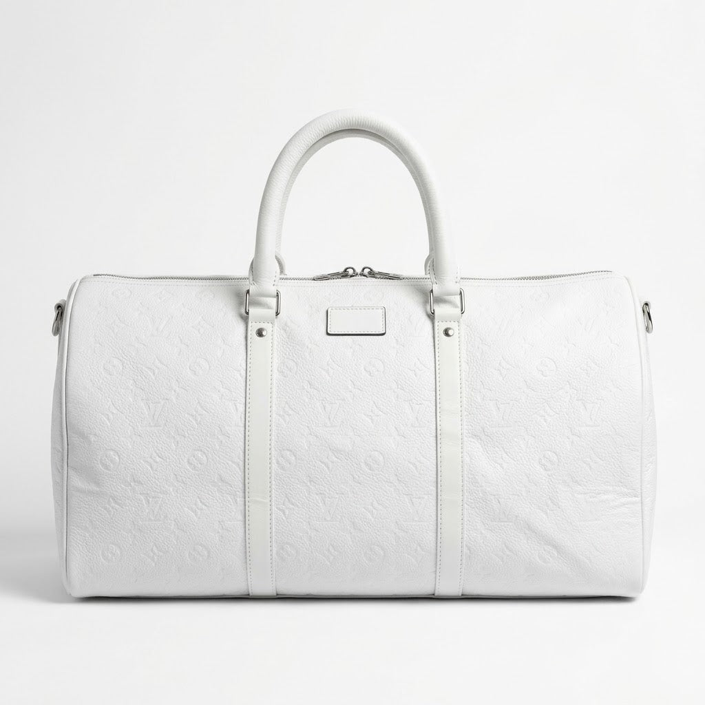 LV Embossed Monogram Leather Keepall Duffel – Pristine White